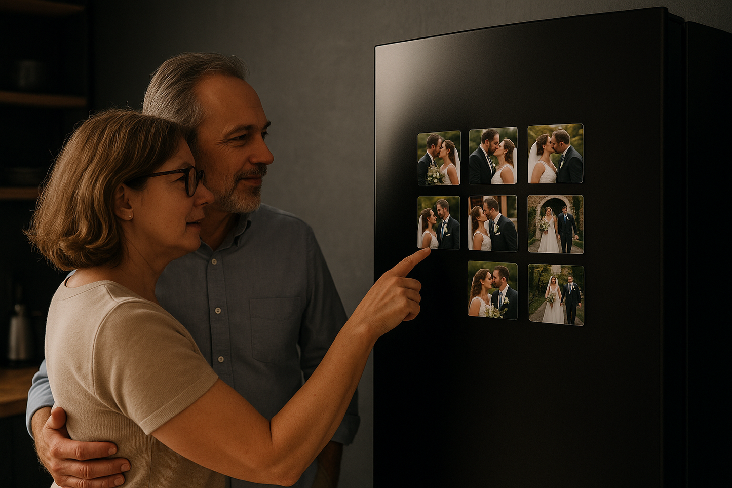 Middle-aged couple from side angle admiring their magnets