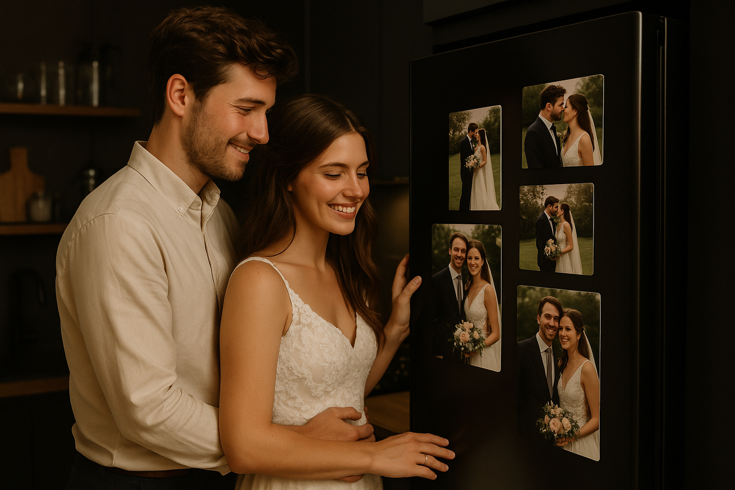 Young newlywed couple viewing wedding magnets
