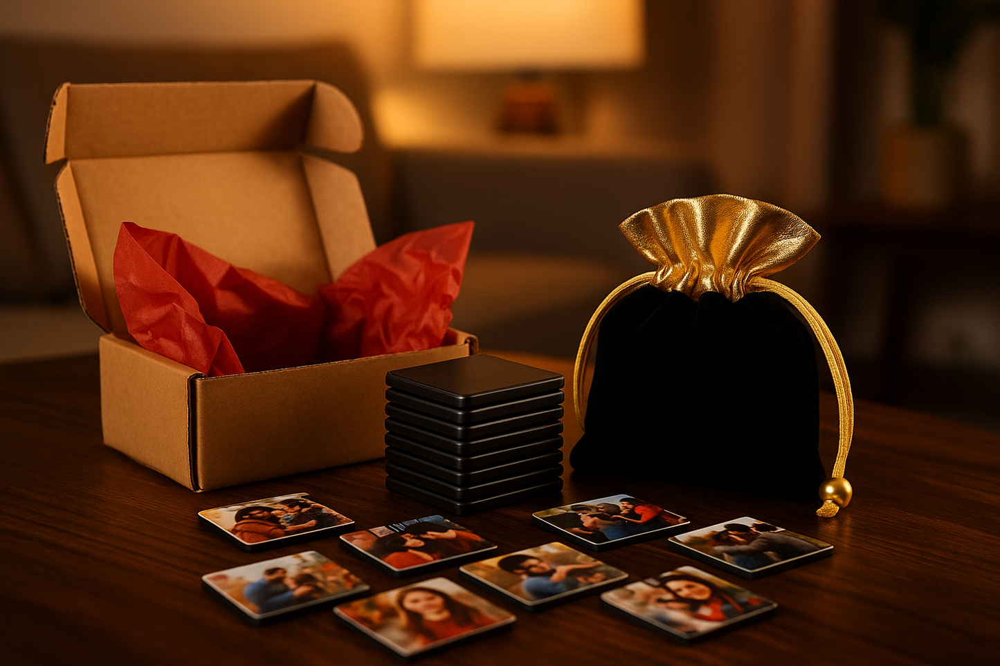 Black tiles with opened shipping box and red tissue