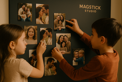 Children arranging borderless photo magnets - side angle