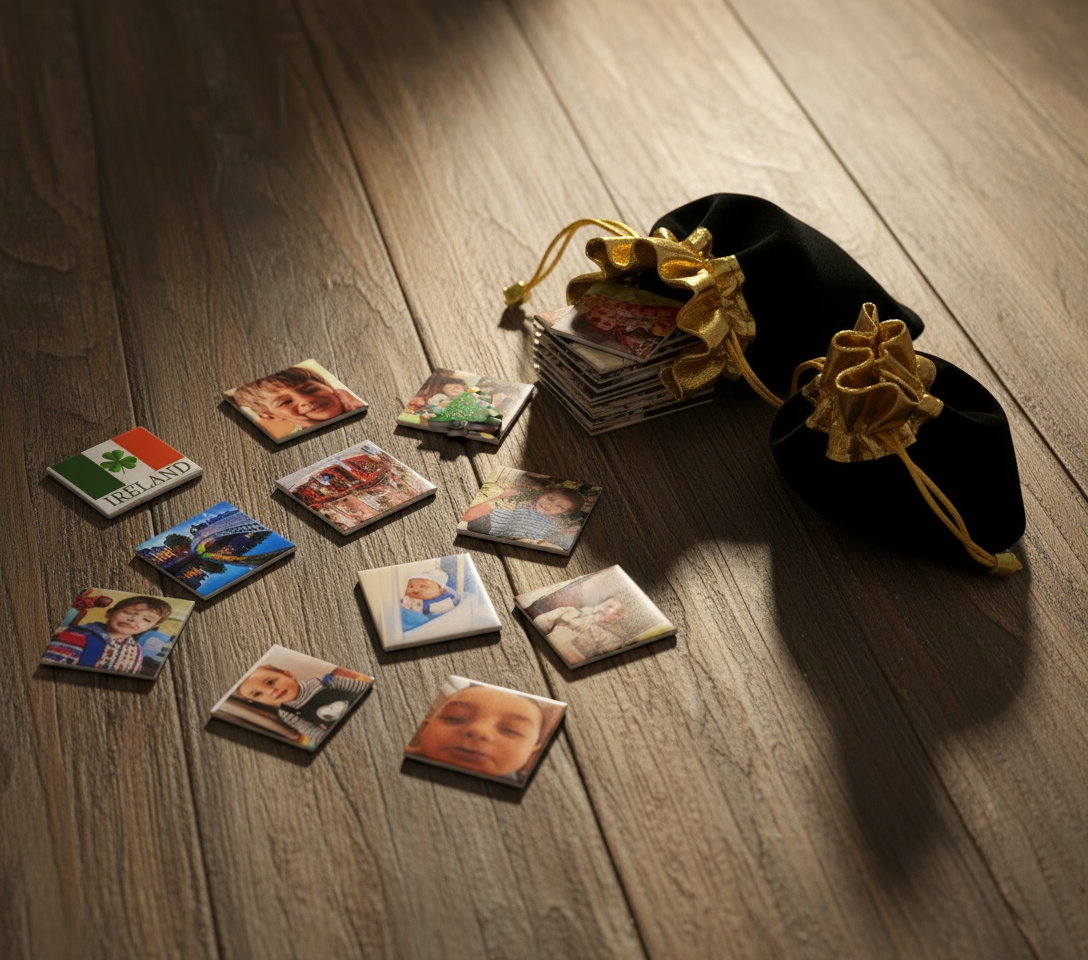 Gift pouch on wooden surface