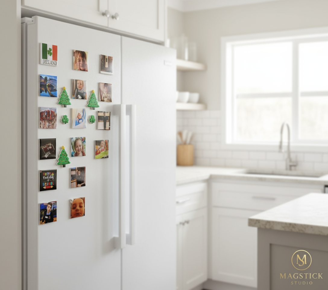 Photo magnets on white refrigerator
