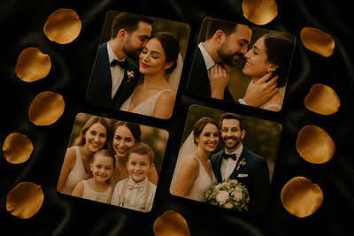 Premium wedding photo magnets on black silk with gold petals