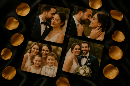 Premium wedding photo magnets on black silk with gold petals